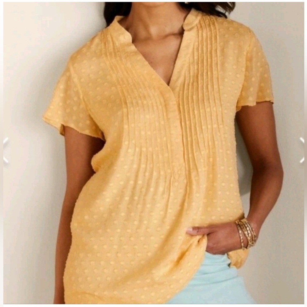 Women’s Soft Surroundings Yellow Boho Dot Pleated Blouse Top Shirt